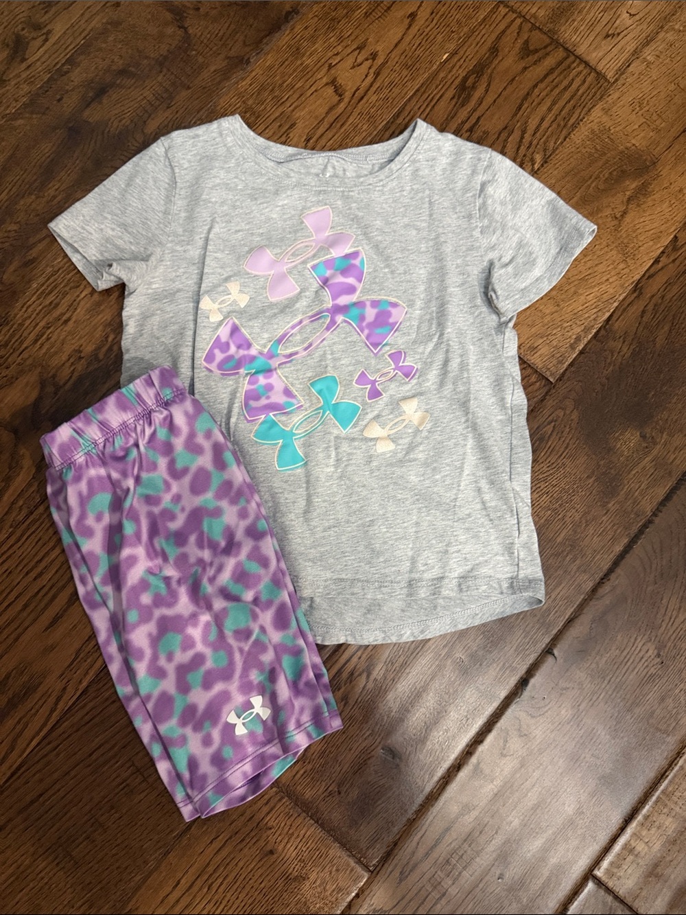 Under Armour Girls Gray Tee and Purple Teal Patterned Pajama Set